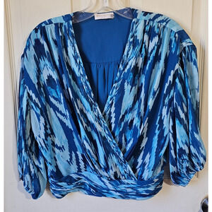 Ramy Brook Wrap Blouse Blue Print Smocked Waist Crop Top Medium Boho